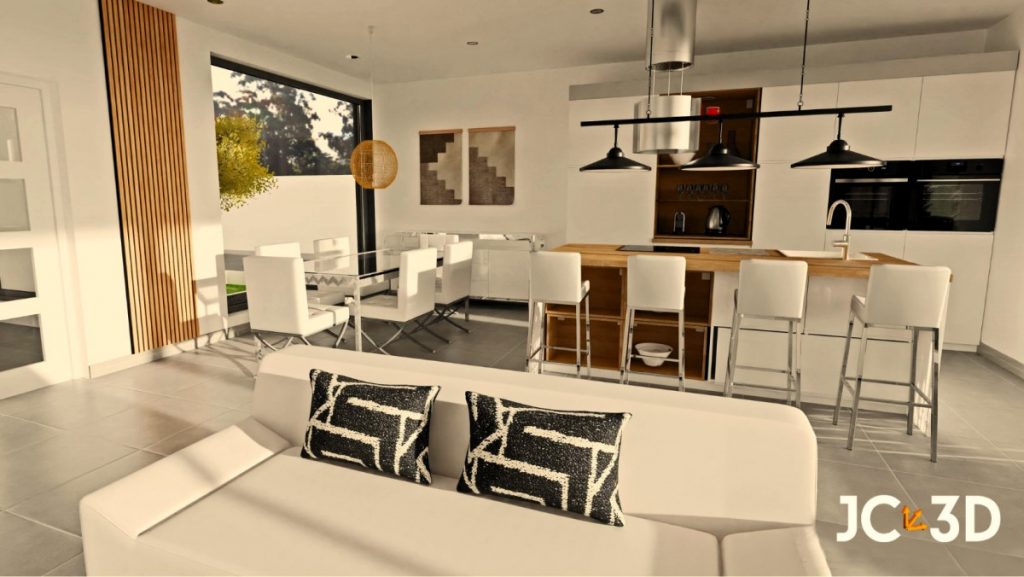 Infografía 3D de un salón con comedor y cocina abierta en colores neutros