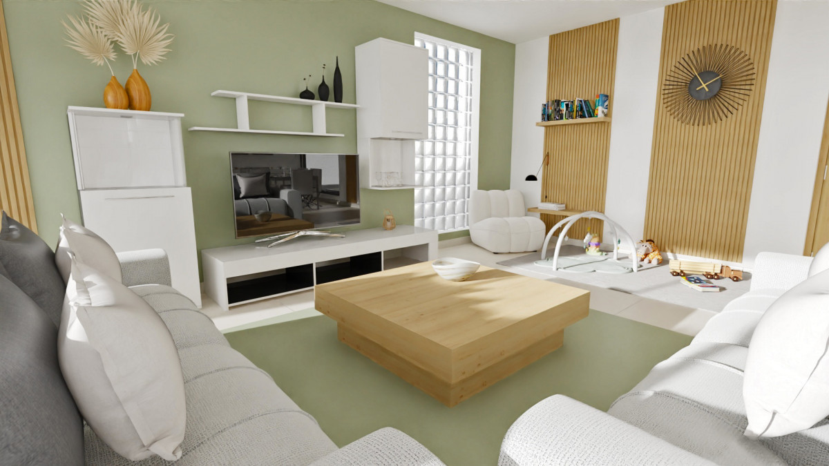 Infografía 3D de un salón minimalista y amplio con decoración en colores neutros y madera. Infografía de J Capmany Profesional 3D