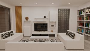 Infografía 3D de un salón minimalista y amplio con decoración en colores neutros. Infografía de J Capmany Profesional 3D