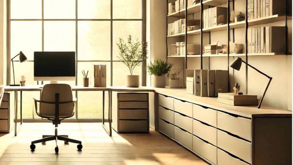 Despacho moderno con muebles de almacenaje, escritorio ordenado y decoración minimalista.