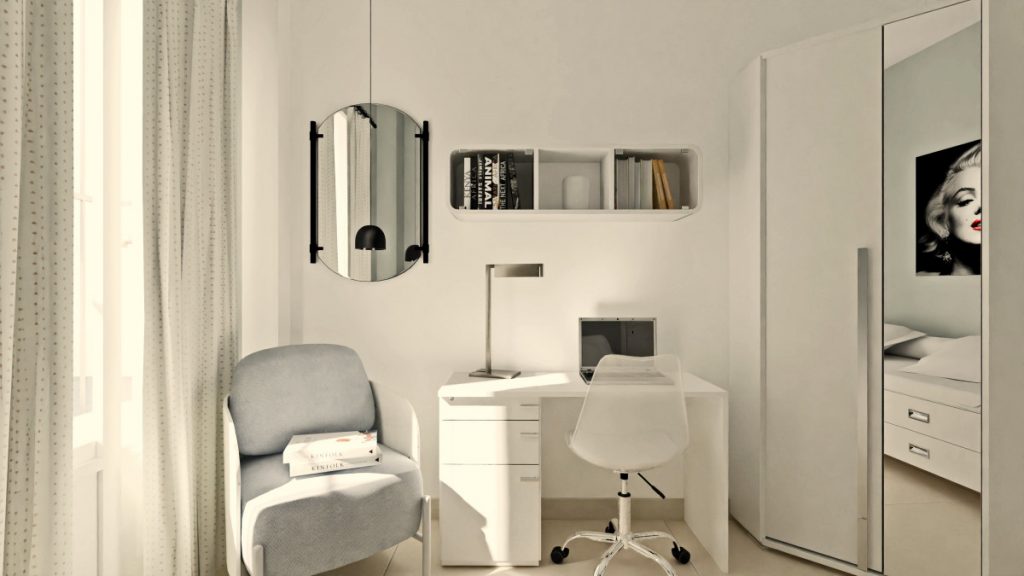Infografía 3D de un dormitorio pequeño que combina un espacio para estudio o teletrabajo con un acogedor rincón para la lectura.
