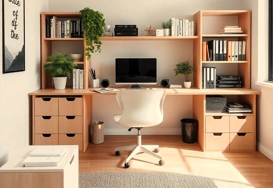 Infografía 3D de un espacio de trabajo minimalista, organizado y decorado con elementos naturales que inspiran creatividad y bienestar.