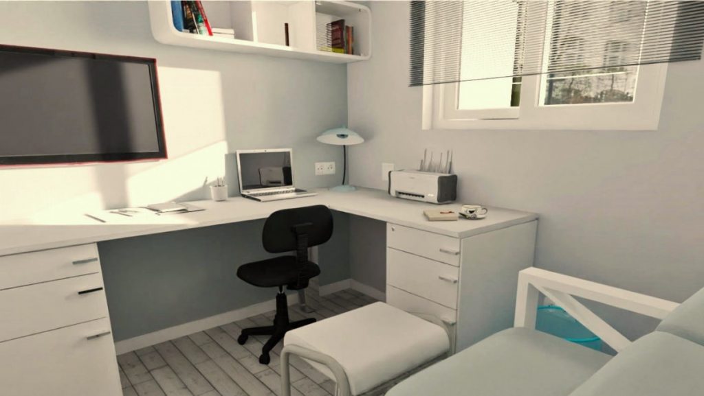 Infografía 3D de un espacio de trabajo en el hogar, con un diseño minimalista, luminoso y personalizado, ideal para la concentración y la motivación.