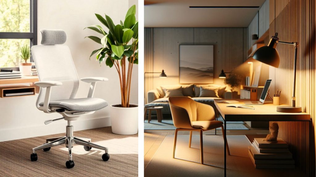 Silla ergonómica ajustable en un espacio de trabajo moderno, diseñada para mejorar la postura y la comodidad.