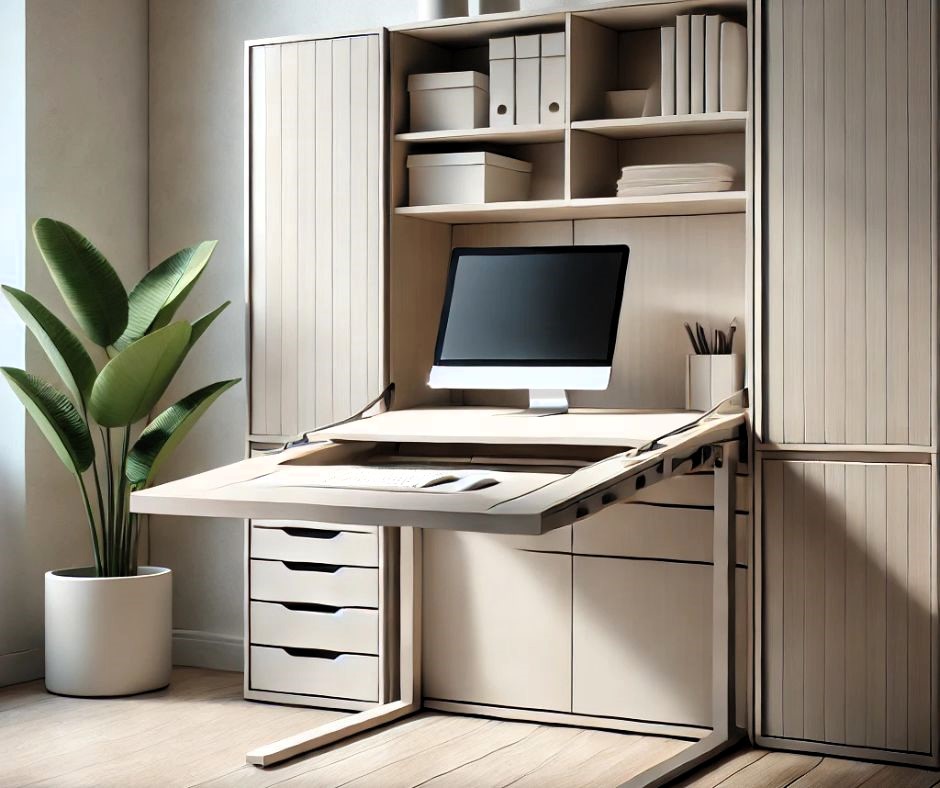 Imagen de un mueble multifuncional que se transforma en escritorio, en un entorno minimalista y bien organizado, con diseño moderno y tonos neutros