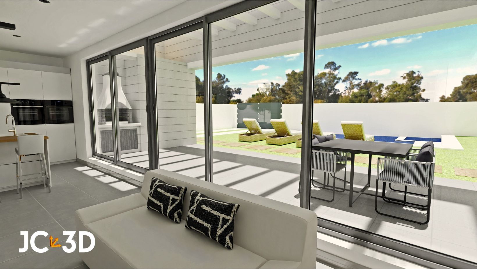 Infografía de J Capmany Profesional 3D. Vista desde el salón al césped, piscina y tumbonas en el exterior de un chalet particular