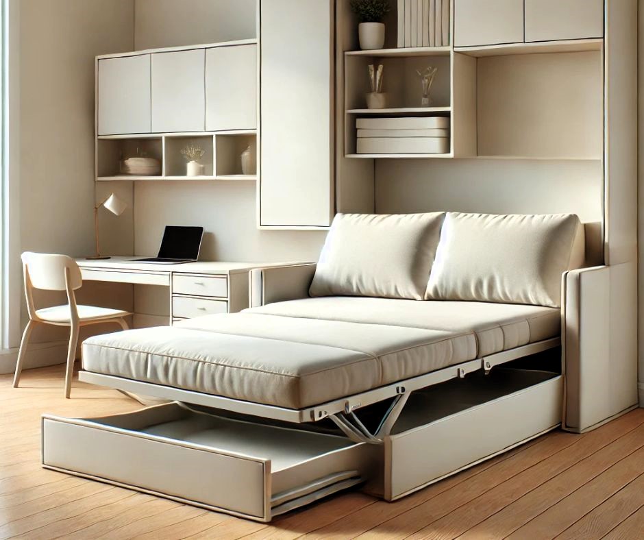 Imagen de un mueble multifuncional que se transforma de sofá a cama, diseñado para un ambiente moderno y minimalista