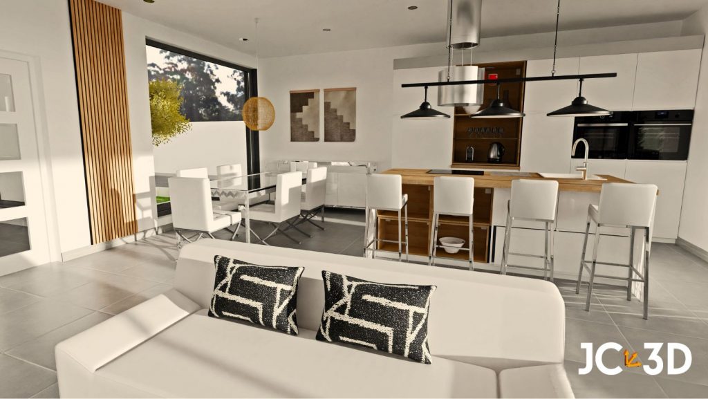 Infografía de J Capmany Profesional 3D. Muestra el espacio abierto que muestra la cocina y comedor de un chalet con vistas al pasillo exterior y zonas verdes.