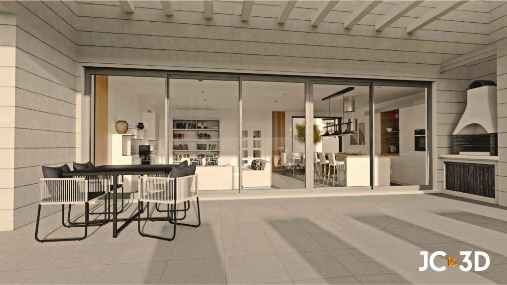 Infografía de J Capmany Profesional 3D. Vista desde el exterior de un chalet mostrando el interior de salón-comedor y cocina abierta a través de grandes ventanales