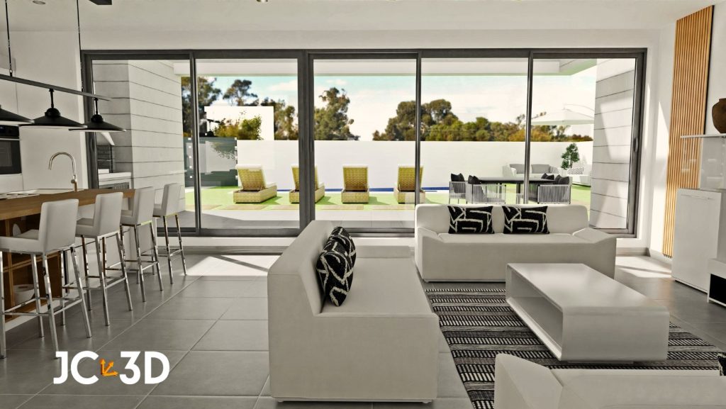 Infografía de J Capmany Profesional 3D. Propuesta de interiorismo de salón-comedor y cocina abierta en un chalet, con vista al exterior de porche, césped y piscina