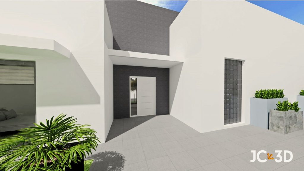Infografía de J Capmany Profesional 3D de la fachada de entrada de un chalet moderno y minimalista