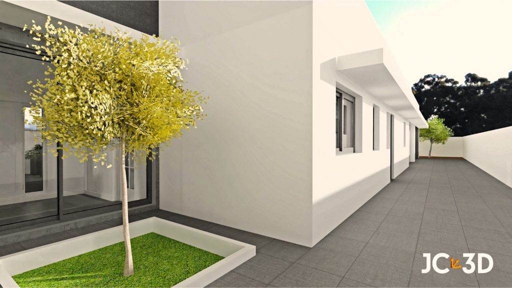 Infografía de J Capmany Profesional 3D del pasillo trasero de un chalet con estilo minimalista, tonos blancos y gris grafito, y detalles naturales en la entrada