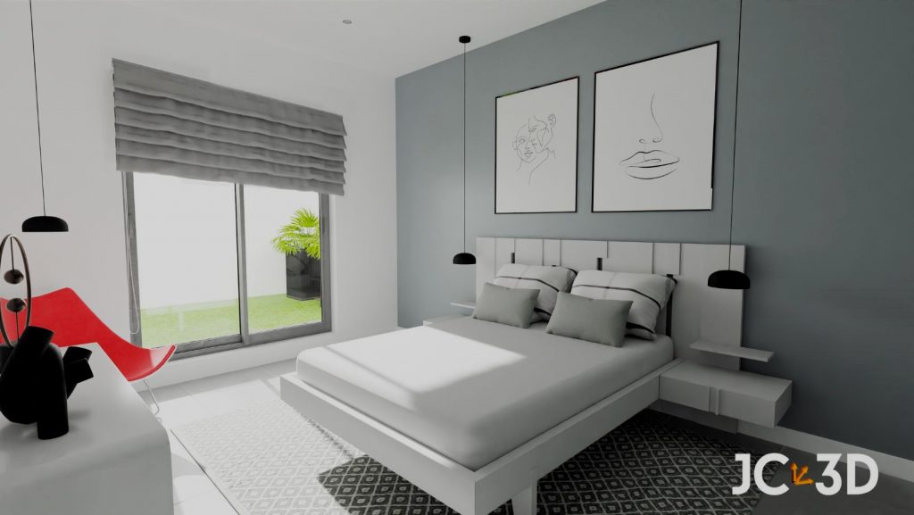 Infografía de J Capmany Profesional 3D de propuesta de interiorismo para un dormitorio de matrimonio minimalista