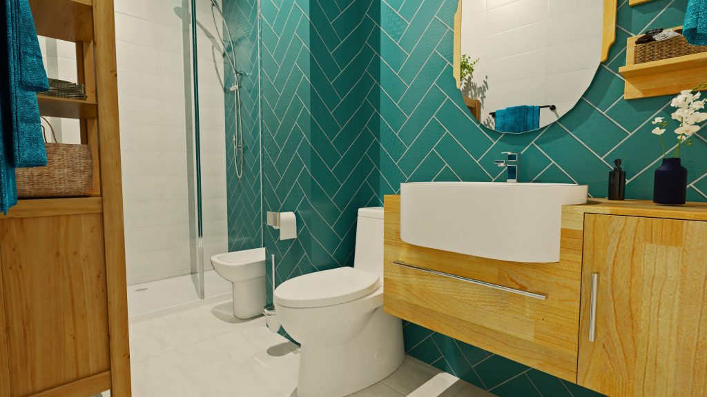 Infografía de J Capmany Profesional 3D de un baño pequeño y moderno con azulejos blancos y verdosos