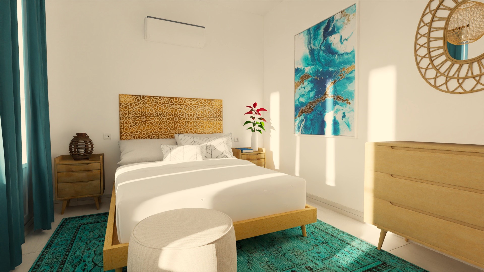 Infografía 3D de J Capmany: dormitorio de matrimonio decorado con colores neutros y verdes