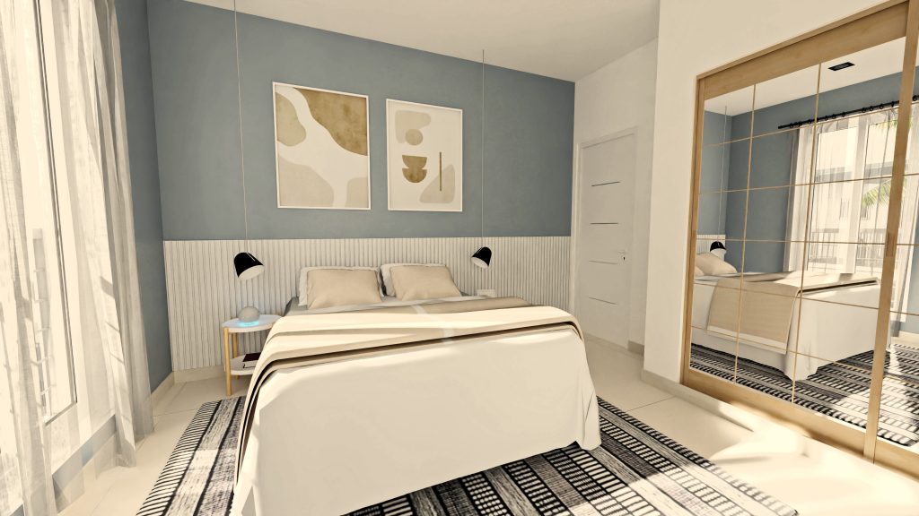 Esta infografía J Capmany Profesional 3D muestra un dormitorio con tonos neutros y puertas correderas de espejo en el vestidor que amplían el espacio