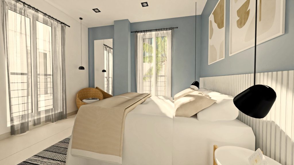 Dormitorio bien iluminado, colores neutros y espejos que dan amplitud. Infografía J Capmany Profesional