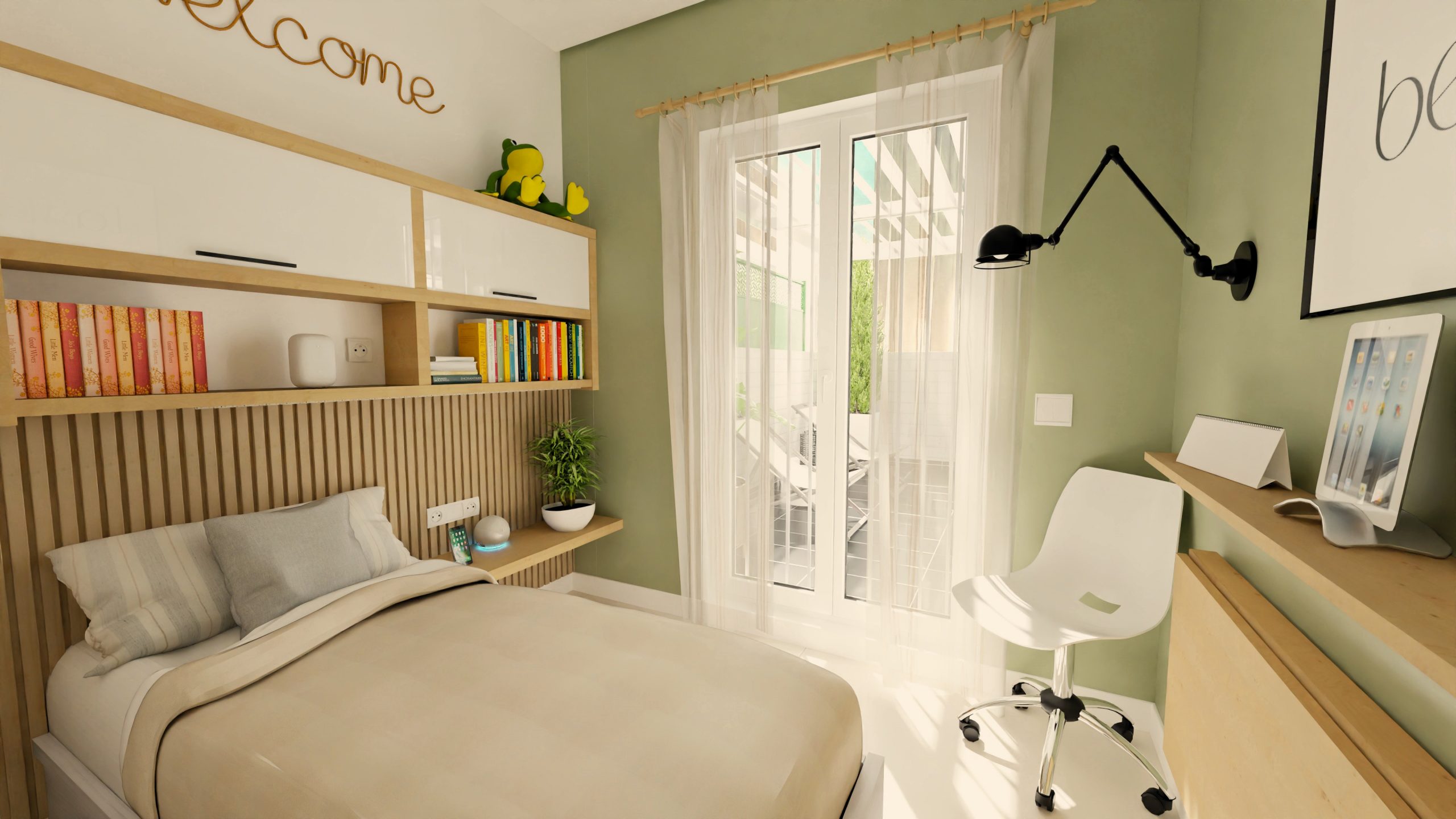 Dormitorio individual en el ático de un dúplex, con luz natural intensa, escritorio de trabajo, y decoración en tonos neutros y verdes suaves Infografía 3D de J Capmany