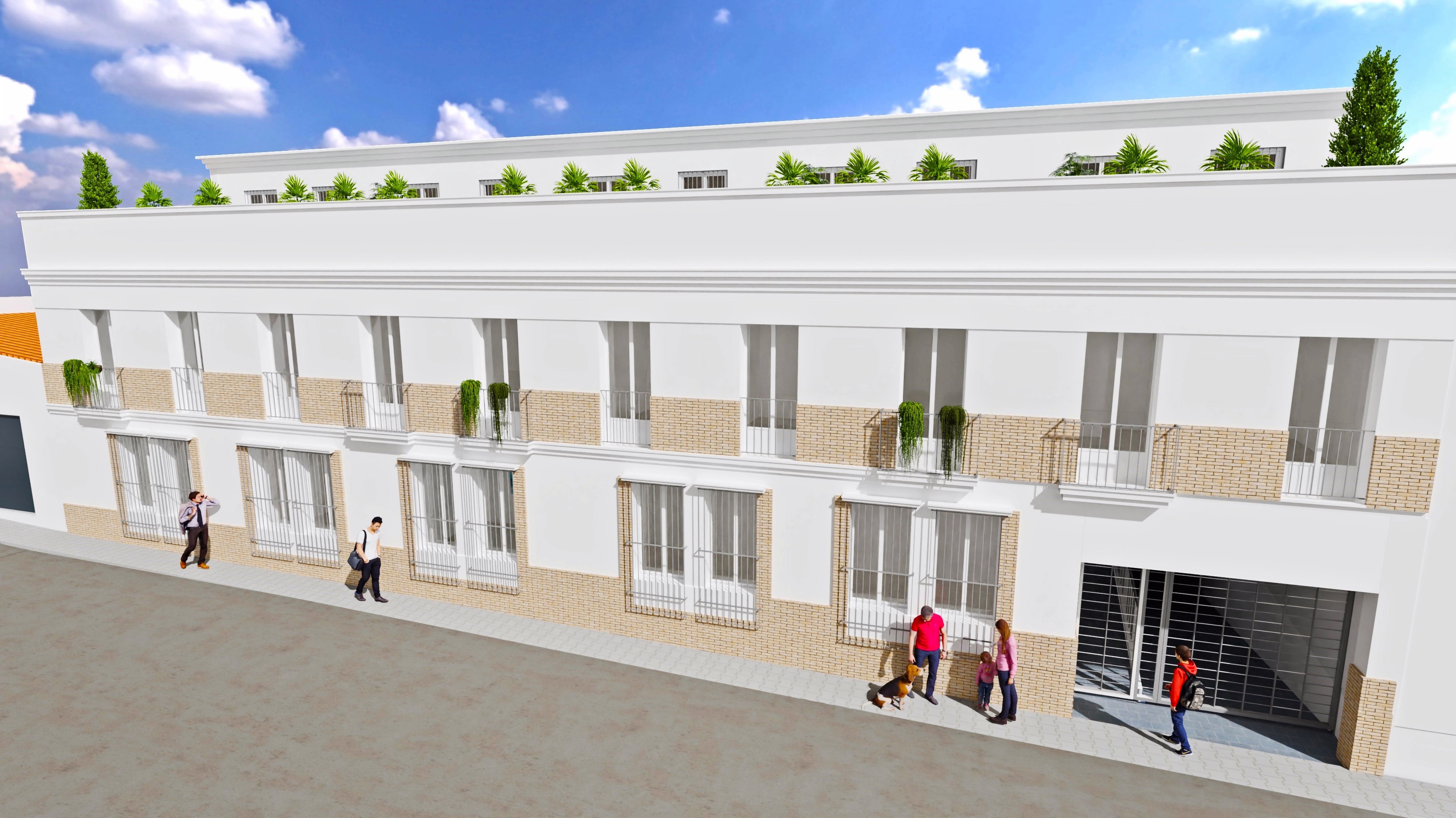 Infografía de J Capmany Profesional 3D Vista 3D de la fachada principal del Residencial Colón, con diseño moderno y detalles arquitectónicos de alta calidad