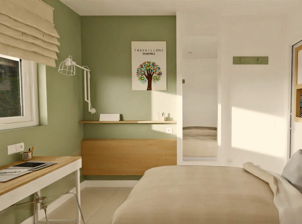 Dormitorio reducido con dos camas individuales, escritorio abatible, estantería en el cabezal y muebles de almacenamiento en tonos neutros, verde claro y madera Infografía 3D J Capmany