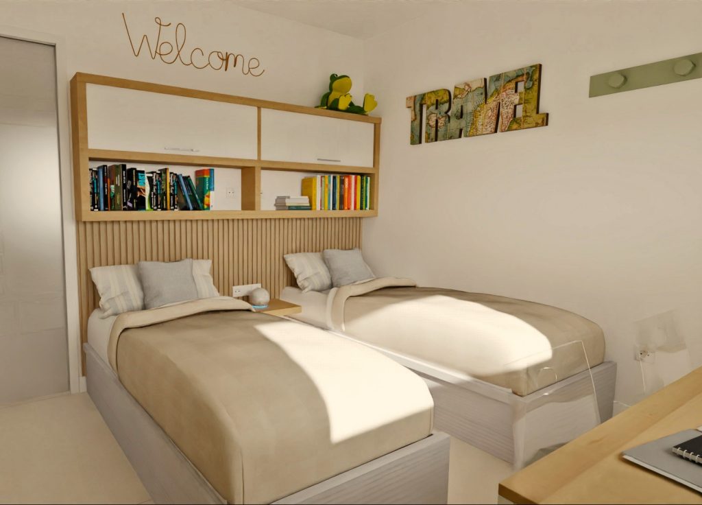 Infografía 3D de J Capmany. Dormitorio reducido con dos camas individuales, escritorio abatible, estantería en el cabezal y muebles de almacenamiento en tonos neutros, verde claro y madera