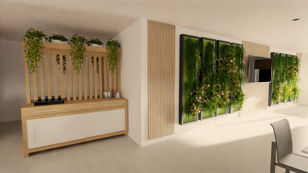 J Capmany Infografía 3D de un restaurante que muestra la zona del servicio del restaurante. Propuesta de interiorismo de estilo cálido, acogedor donde se combinan los colores neutros con la madera y el verde de las plantas.