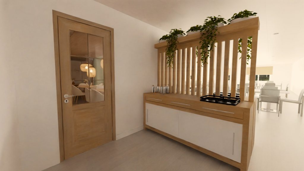 J Capmany Infografía 3D de un restaurante que muestra la zona del servicio del restaurante. Propuesta de interiorismo de estilo cálido y acogedor.