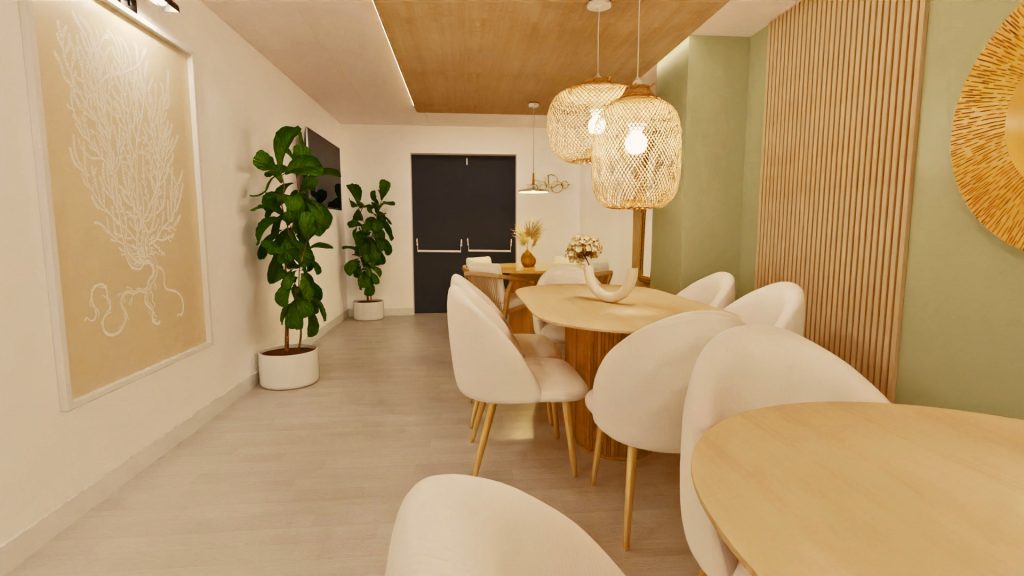 J Capmany Infografía 3D de un restaurante que muestra un espacio amplio del reservado. Propuesta de interiorismo de estilo cálido y acogedor para la reforma del reservado del restaurante de hotel