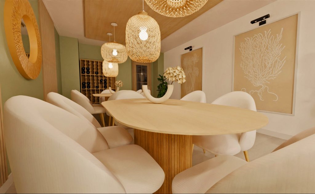 J Capmany Infografía 3D de un restaurante que muestra una visión amplia del reservado y al fondo la vinoteca. Propuesta de interiorismo de estilo cálido y acogedor para la reforma del reservado del restaurante de hotel