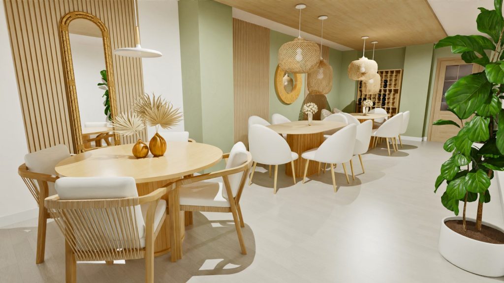 J Capmany Infografía 3D de un restaurante que muestra una visión amplia del reservado. Propuesta de interiorismo de estilo cálido y acogedor para la reforma del reservado del restaurante de hotel