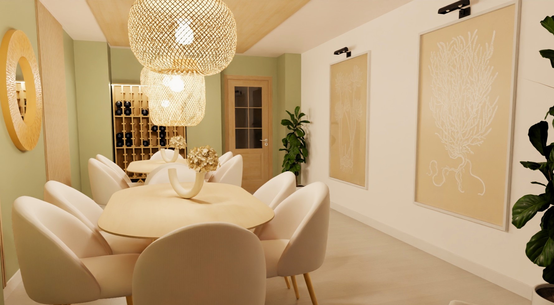 J Capmany Infografía 3D de un restaurante que muestra otra visión del reservado. Propuesta de interiorismo de estilo cálido y acogedor para la reforma del reservado del restaurante de hotel