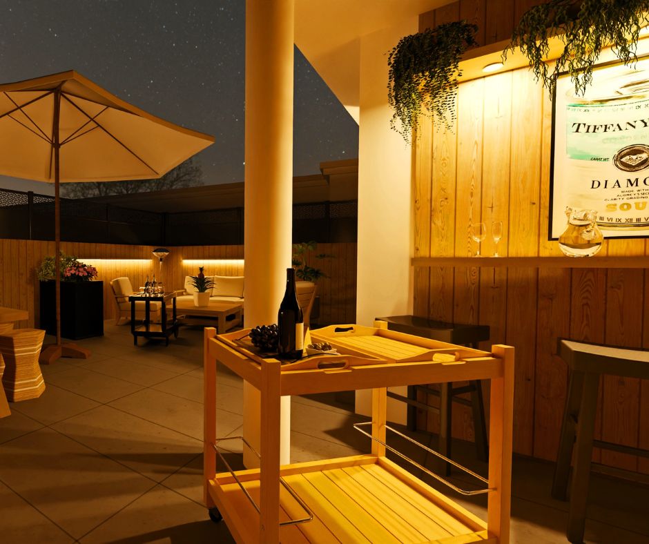 Azotea con Zona de Café y Barra Iluminadas con Luces LED. Infografía de J Capmany Profesional 3D