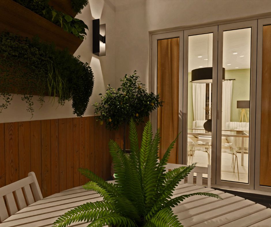 Patio Interior Iluminado: Luces de Pared y Reflejo de Luz del Salón Infografía de J Capmany Profesional 3D