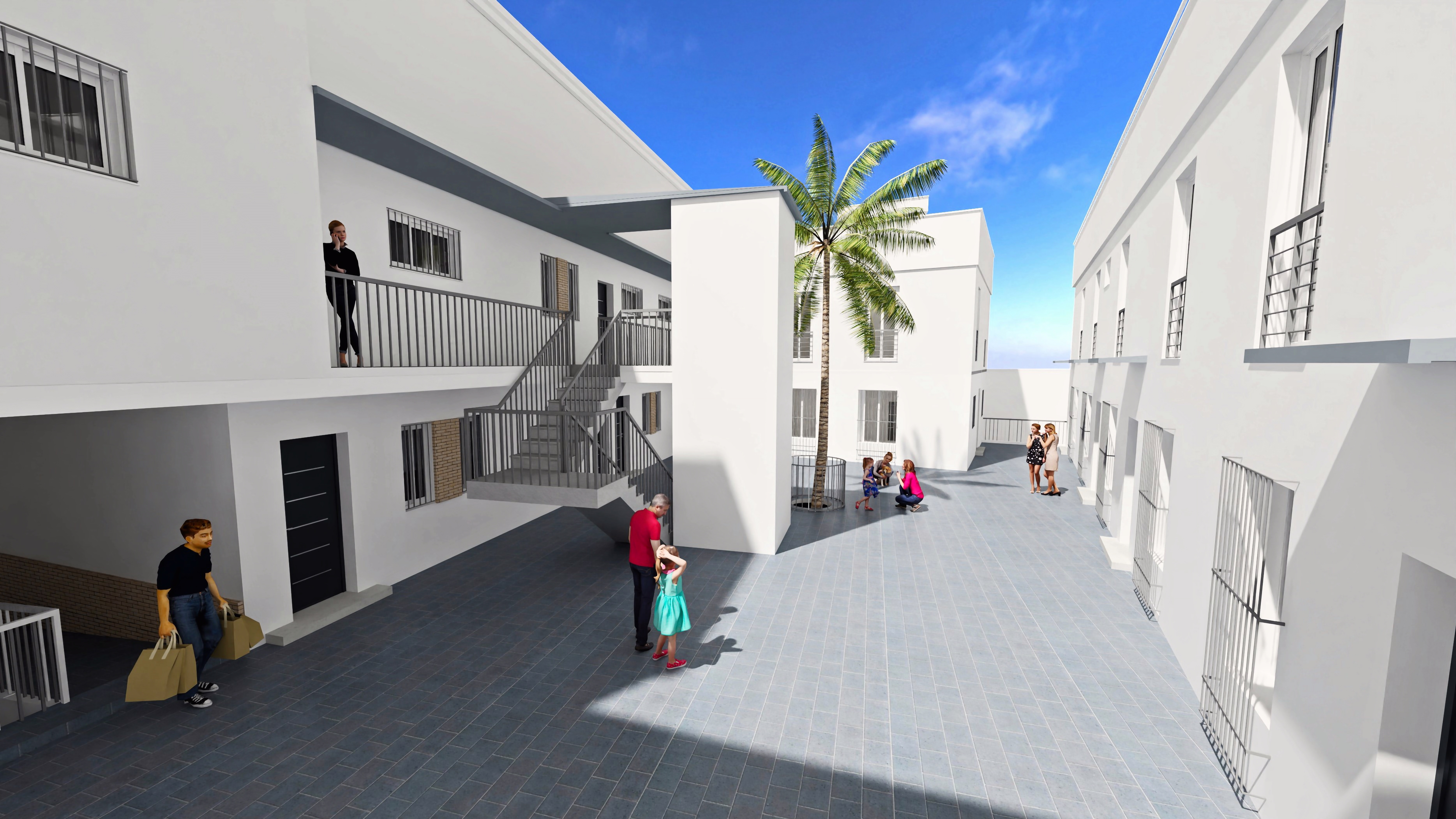 Infografía de J capmany Profesional 3D que muestra el patio zona común del Residencial Colón en Olivares Sevilla