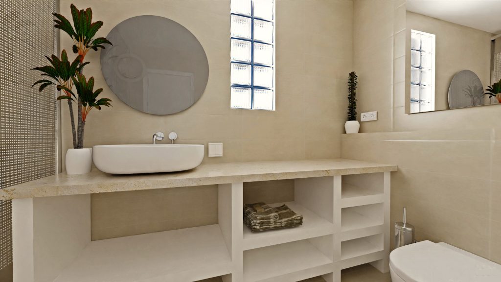 Propuesta de interiorismo para baño. Estilo moderno y minimalista y funcional que combinan los colores neutros con la madera y el vidrio. Infografía de J Capmany Profesional 3D