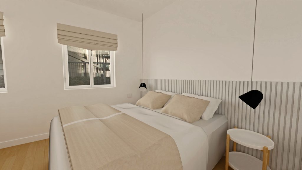 Propuesta de interiorismo para dormitorio de matrimonio. Estilo moderno y minimalista que combinan los colores neutros con la madera y el vidrio. Infografía de J Capmany Profesional 3D