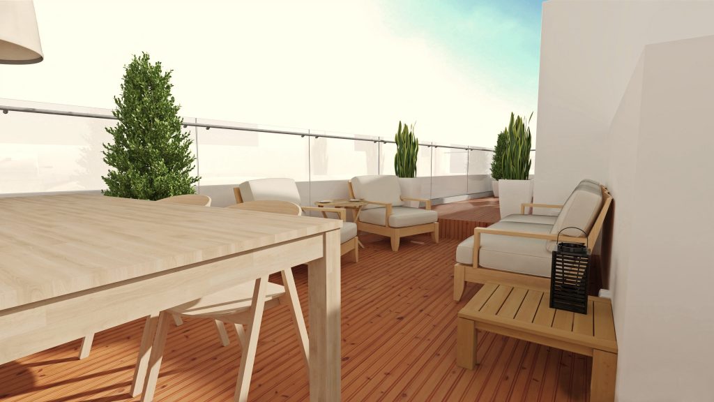 Propuesta de interiorismo para azotea. Zona de café, barbacoa y almuerzos. Estilo limpio y funcional que combina los colores neutros con la madera y el vidrio. Infografía de J Capmany Profesional 3D