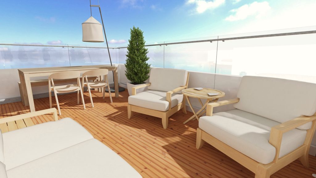 Propuesta de interiorismo para azotea. Zona de café y almuerzos. Estilo limpio y funcional que combina los colores neutros con la madera y el vidrio. Infografía de J Capmany Profesional 3D