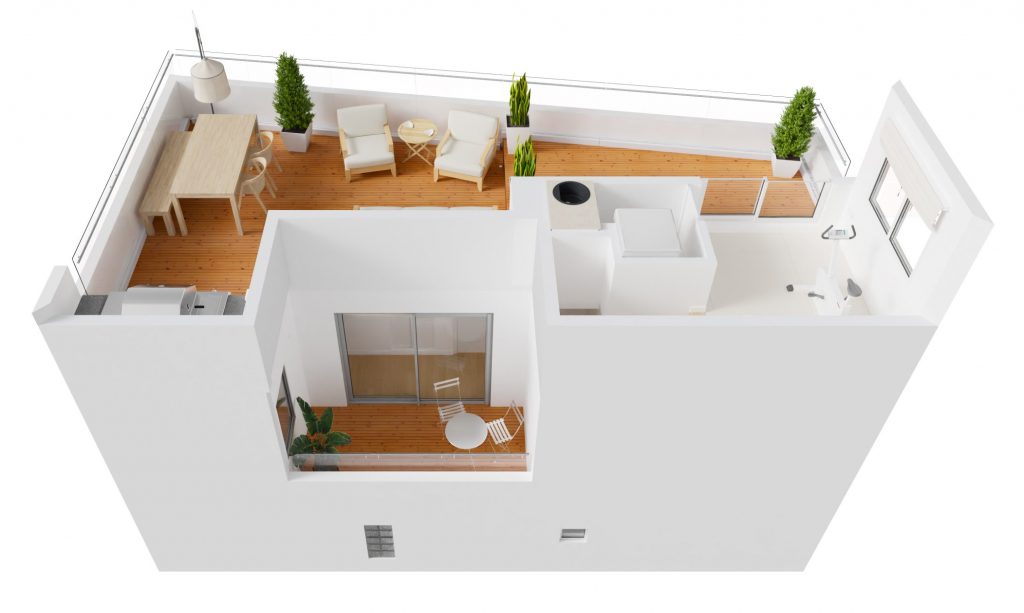 Vista aérea de buhardilla y azotea de una vivienda de tres pisos con azotea, en propuesta de reforma moderna y minimalista. Infografía de J Capmany Profesional 3D