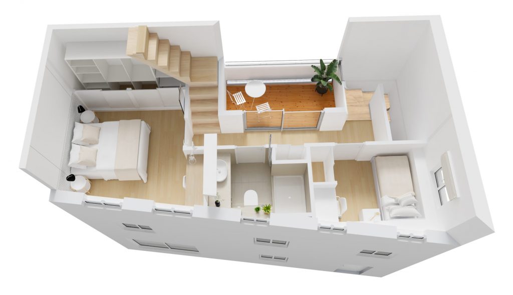 Vista aérea de la segunda planta de una vivienda de tres pisos con azotea, en propuesta de reforma moderna y minimalista. Infografía de J Capmany Profesional 3D
