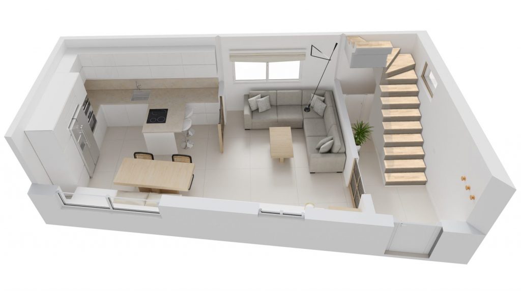 Vista aérea de la planta baja de una vivienda de tres pisos con azotea, en propuesta de reforma moderna y minimalista. Infografía de J Capmany Profesional 3D