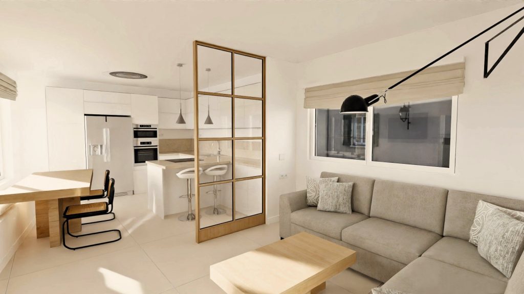 Propuesta de interiorismo para espacio abierto cocina, salón comedor. Estilo moderno y minimalista que combinan los colores neutros con la madera y el vidrio. Infografía de J Capmany Profesional 3D