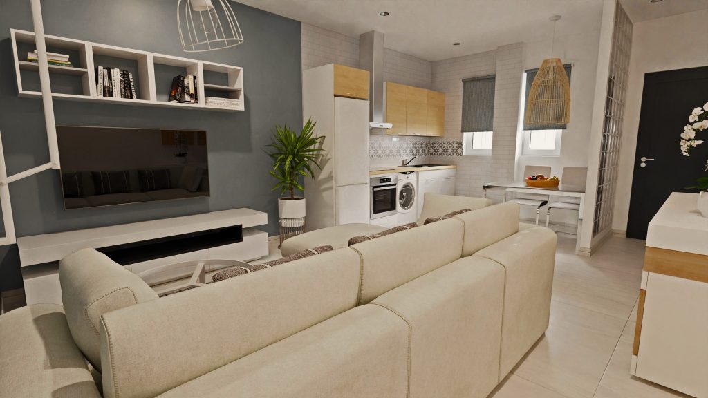 Infografía de J capmany Profesional 3D de un área abierta de apartamento con entrada, cocina, comedor y salón