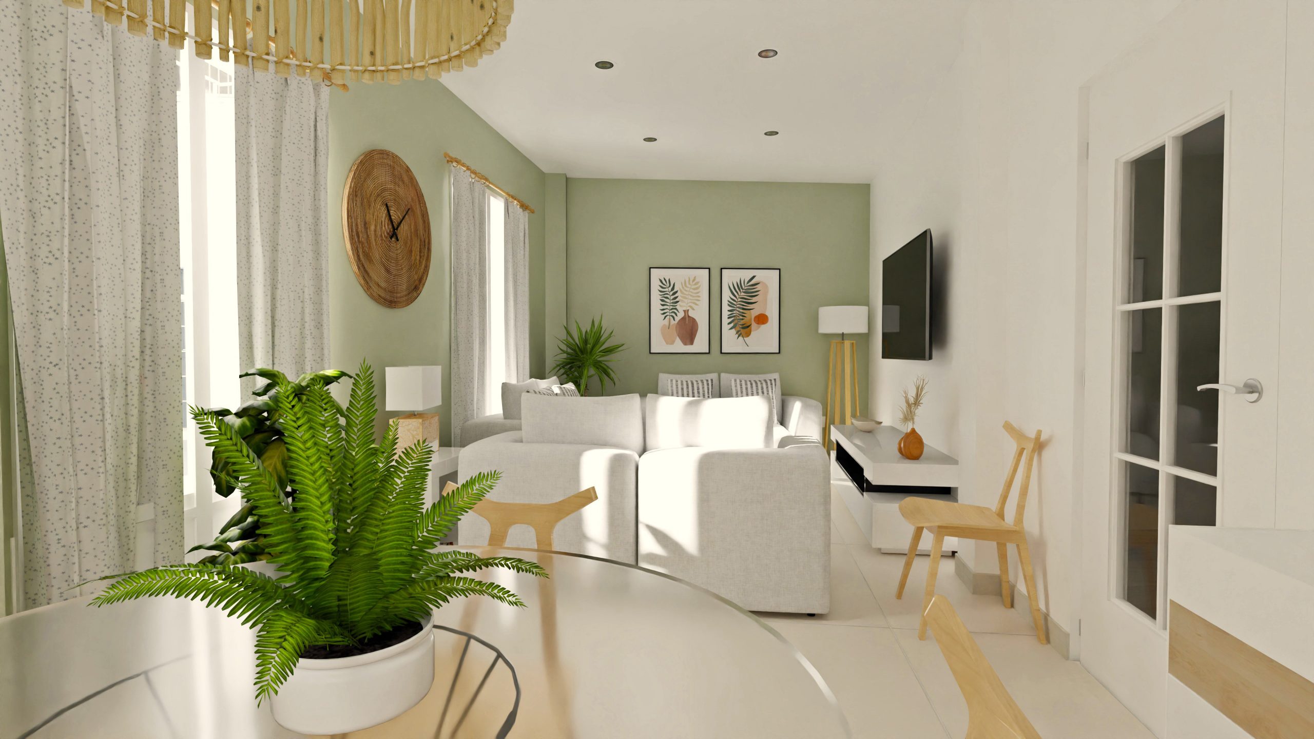 Infografía 3D de J Capmany Profesional 3D. Muestra un salón confortable y cálido con colores neutros, madera, vegetación verde y luz natural