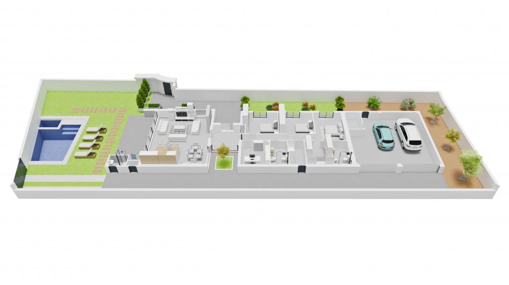 Infografía de J Capmany Profesional 3D vista aérea de un chalet particular con distribución de espacios exteriores