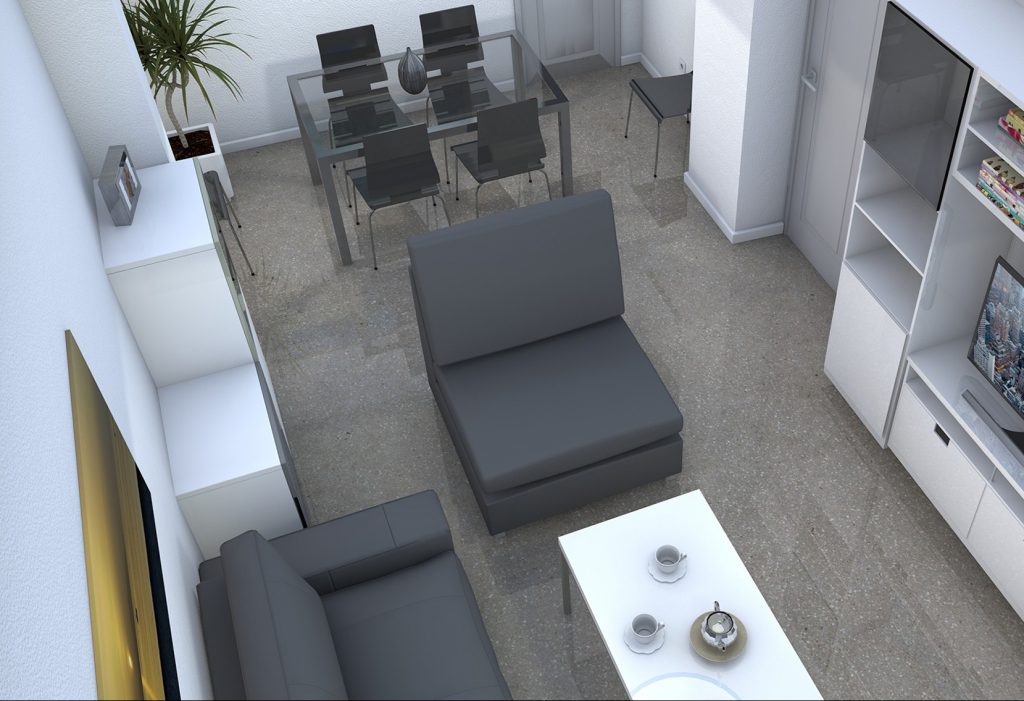 Infografía de un comedor moderno con muebles brillantes en un espacio pequeño Infografía de J Capmany Profesional 3D