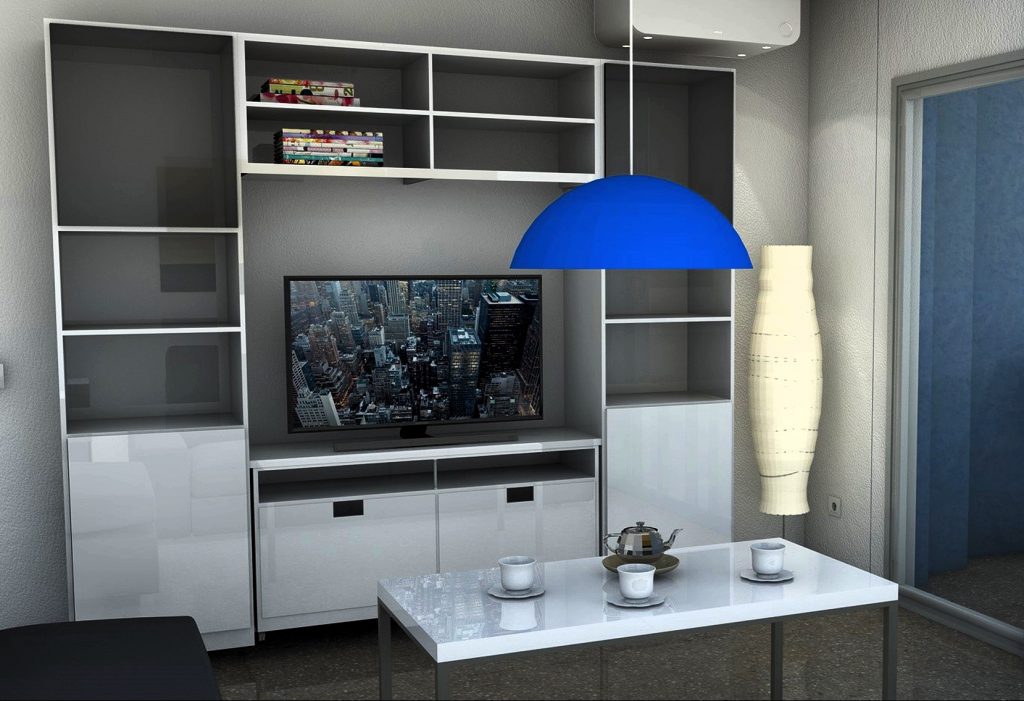 Infografía de un salón comedor moderno con muebles brillantes en un espacio pequeño. Infografía de J Capmany Profesional 3D