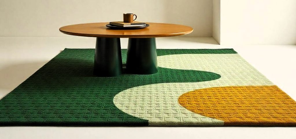 Alfombra tufted con patrones geométricos en tonos suaves, verdes y terracota,