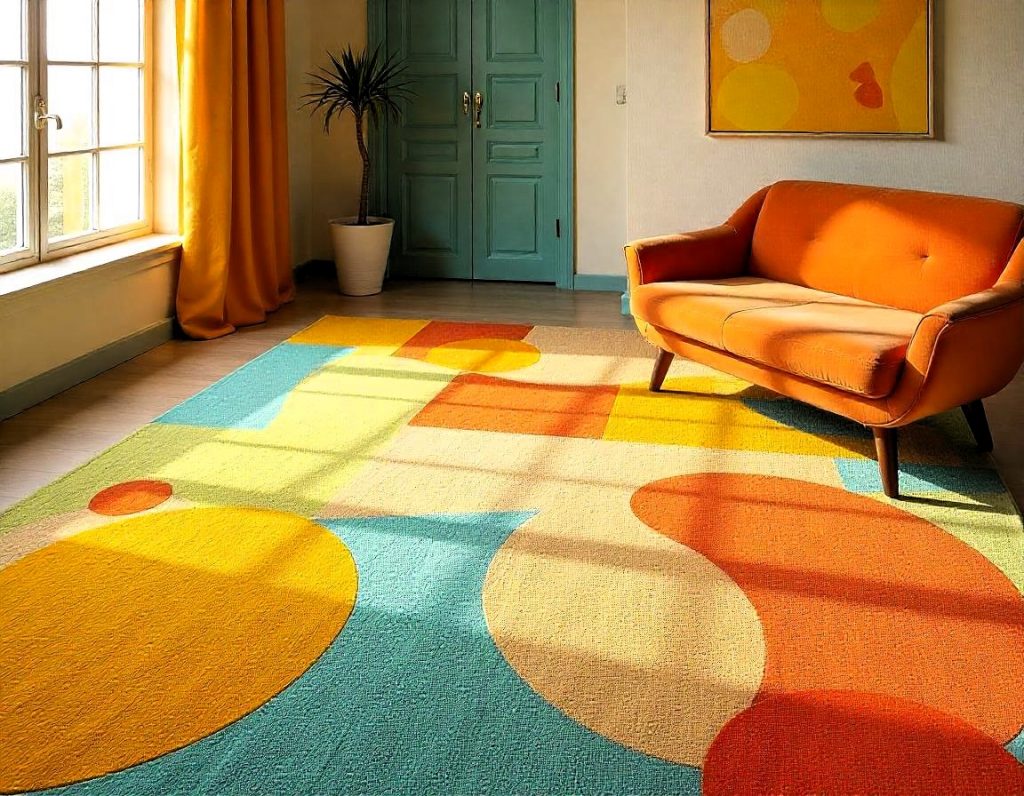 Alfombra tufting retro de la década de 1950 con colores vibrantes y patrones audaces