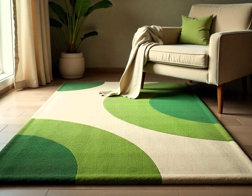 Alfombra de tufting con pelo corto en tonos verdes y colores neutros